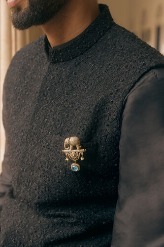 Chaital Embroidered Silk Nehru Jacket - Black, Black, image 4